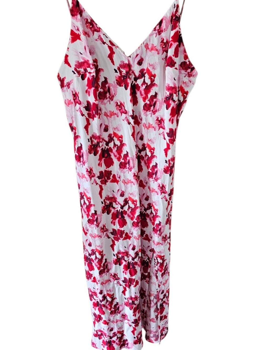 A New Day Red Pink Floral Crepe Midi Slip Dress Adjustable Straps XL NWOT